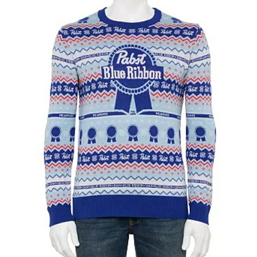Pabst Blue Ribbon "PBR" Fair Isle Ugly Christmas Sweater Size Medium